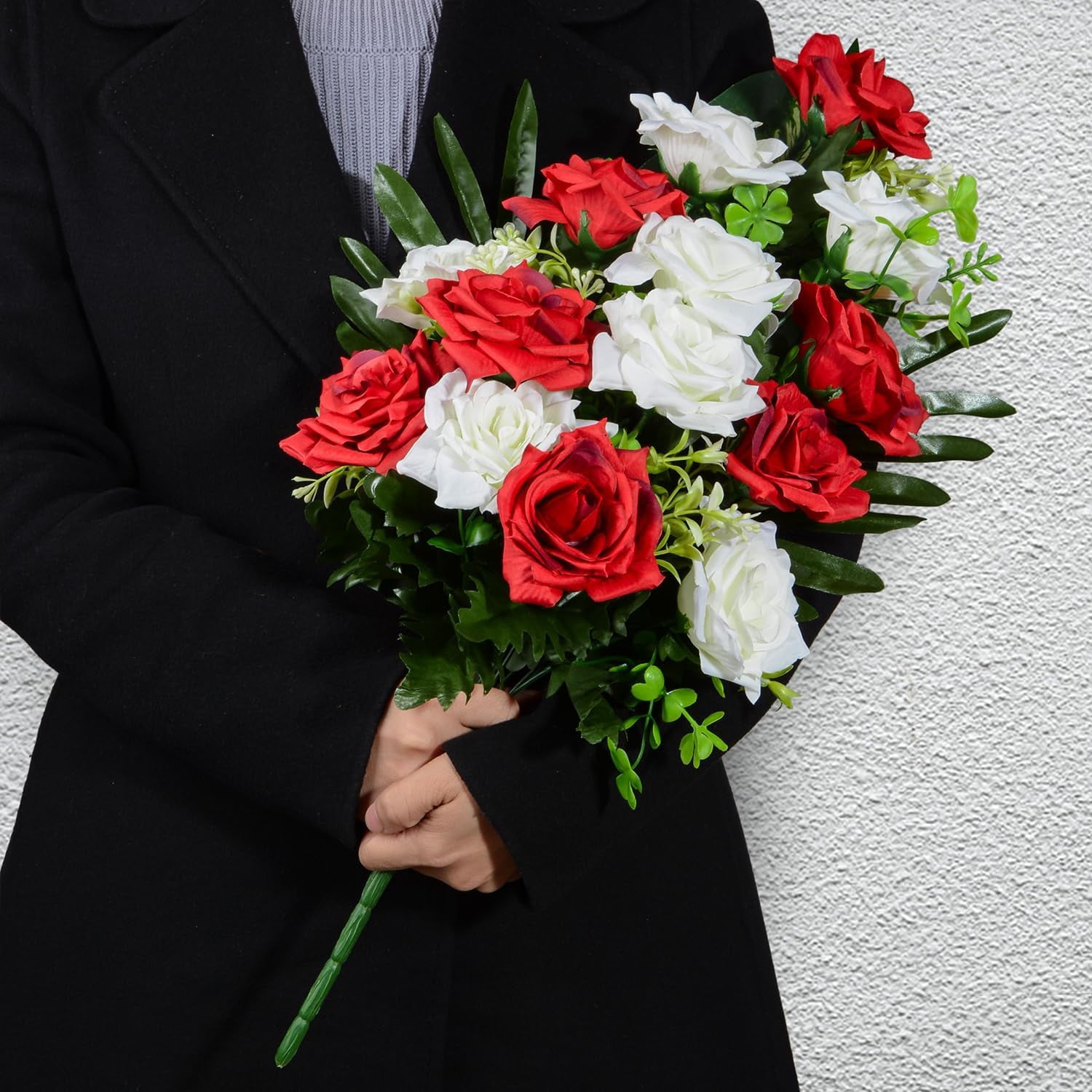 Artificial Cemetery Flowers, Memorial Rose Flowers Grave Decoration Flower Bouquets with Vase for Cemetery Graveyard Headstones Decor, Set of (Red&White)