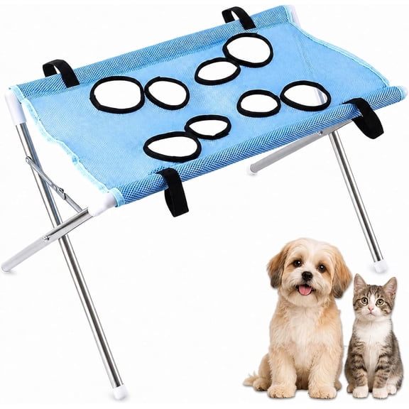 Foldable Pet Grooming Hammock with Stand for Small Dogs Cats, Breathable Mesh Grooming Sling Table for Nail Trimming, Bathing, Ear Cleaning, Restraint Helper Station,Blue