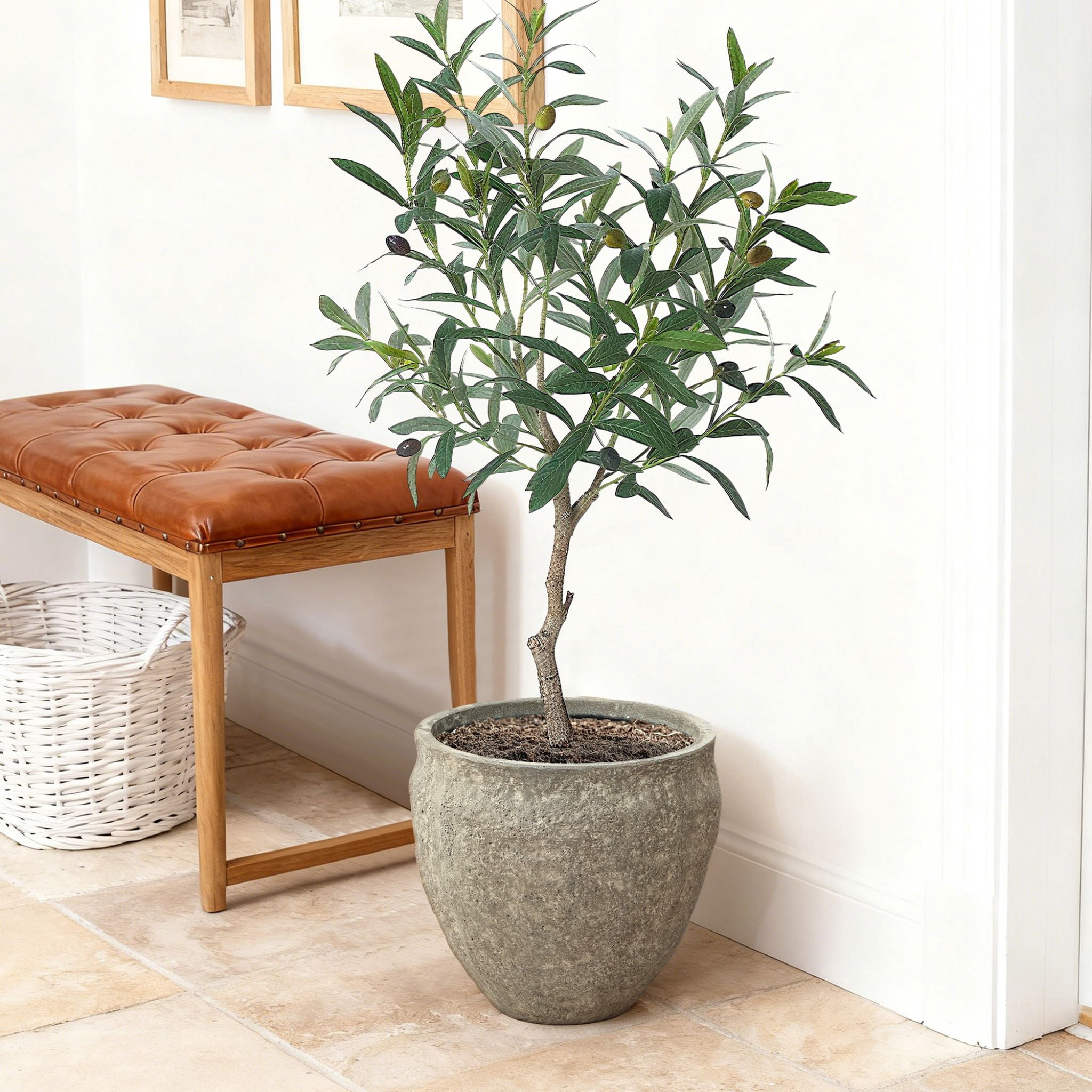 LuxenHome Weathered Earthstone Green Round Planter, 12.4" Round, Textured Concrete Pot