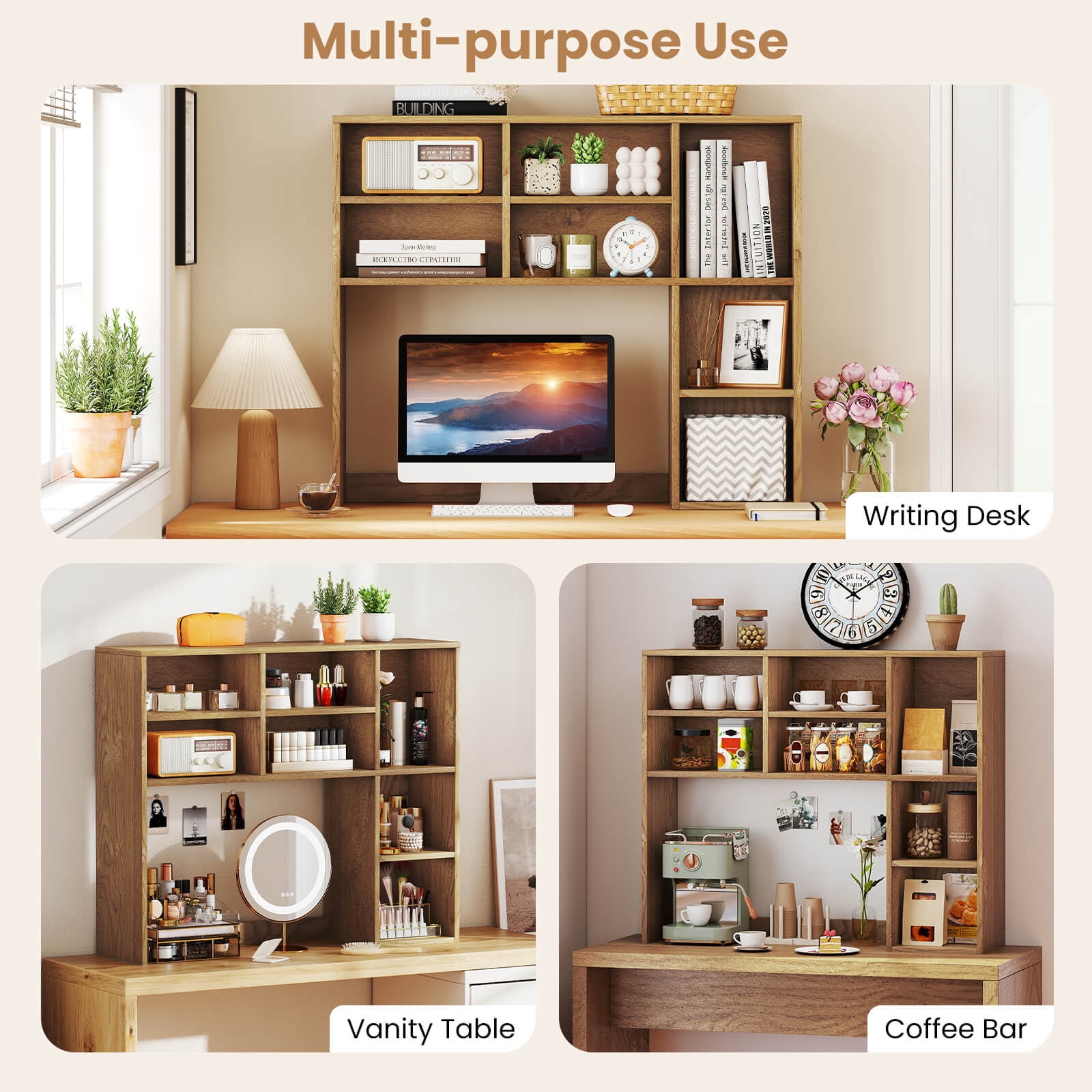 Costway Desktop Bookshelf Desk Storage Hutch with 7 Open Cubbies & 3 Adjustable Shelves Natural