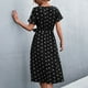 thumbnail image 4 of Vestido de mujer con estampado de puntos, manga corta, cintura con cinturón, cuello redondo, botón inferior, vestido de verano en la parte delantera, negro XL, 4 of 6