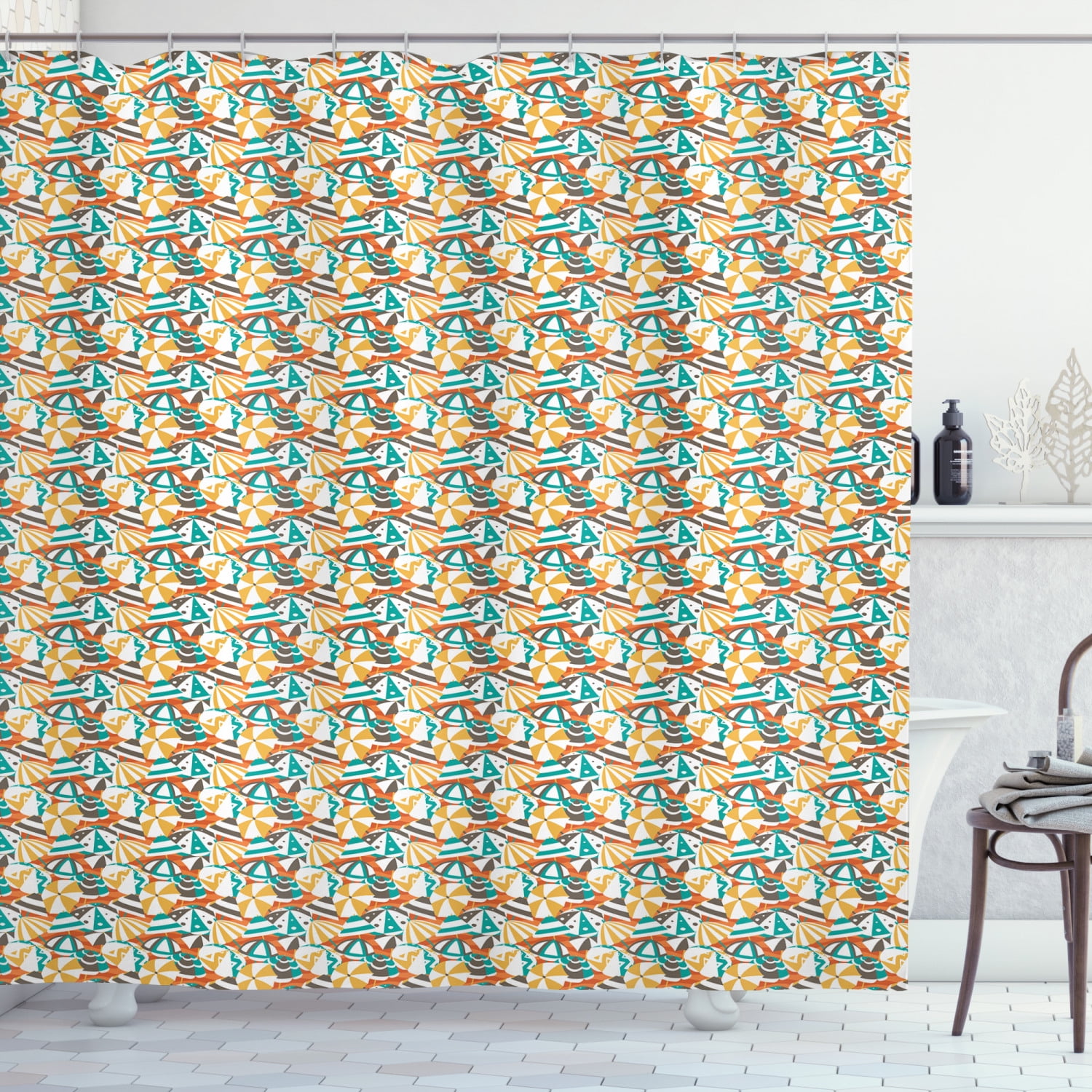 Umbrella Shower Curtain, Crowded Beach in the Summer Umbrellas with