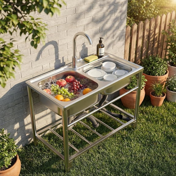 Freestanding Stainless Steel Sink, 31.5" x 16.9" x 29.5" Double Bowl Kitchen Sink, Outdoor Utility Sink with Hot Cold Faucet, Ideal for Restaurant, Kitchen, Laundry, Garage
