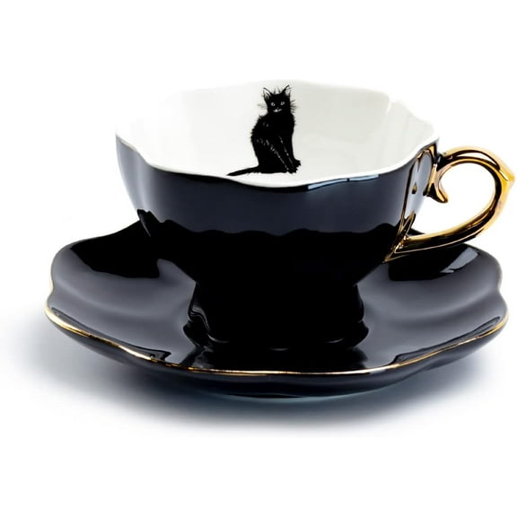 Grace Teaware Black Cat Black Gold Tea Cup and Saucer
