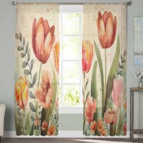 Sheer Curtains 63 inches Long, Red Tulip Eucalyptus Watercolor Floral Plants Retro Linen Light Filtering Sheer Window Curtains Rod Pocket Voile Drapes for Bedroom Living Room, 52"W x 63"L 2 Panels