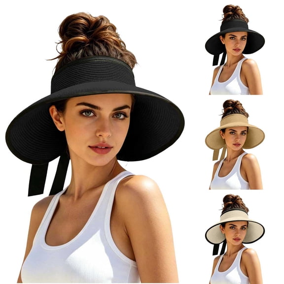 UTSJKR Womens Wide Brim Ponytail Straw Visor Hat with Rear Ribbon Tie for Summer Seaside Vacation Farmers Market Walk Patio Brunch Packable Lightweight Vacation Hat Beige