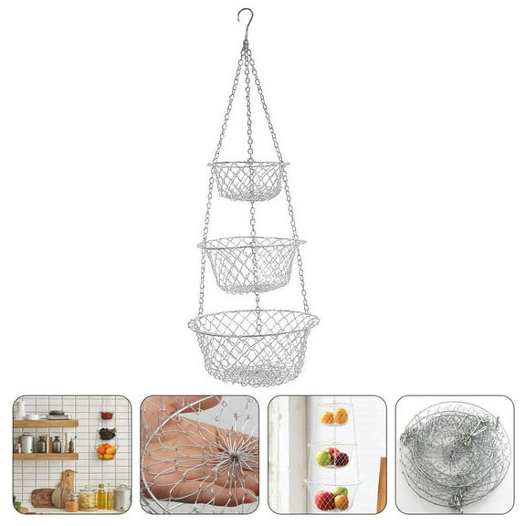 WHAMVOX Silver Heavy Duty Iron Wire Hanging Basket for Kitchen 3 Tier Fruit and Vegetable Storage