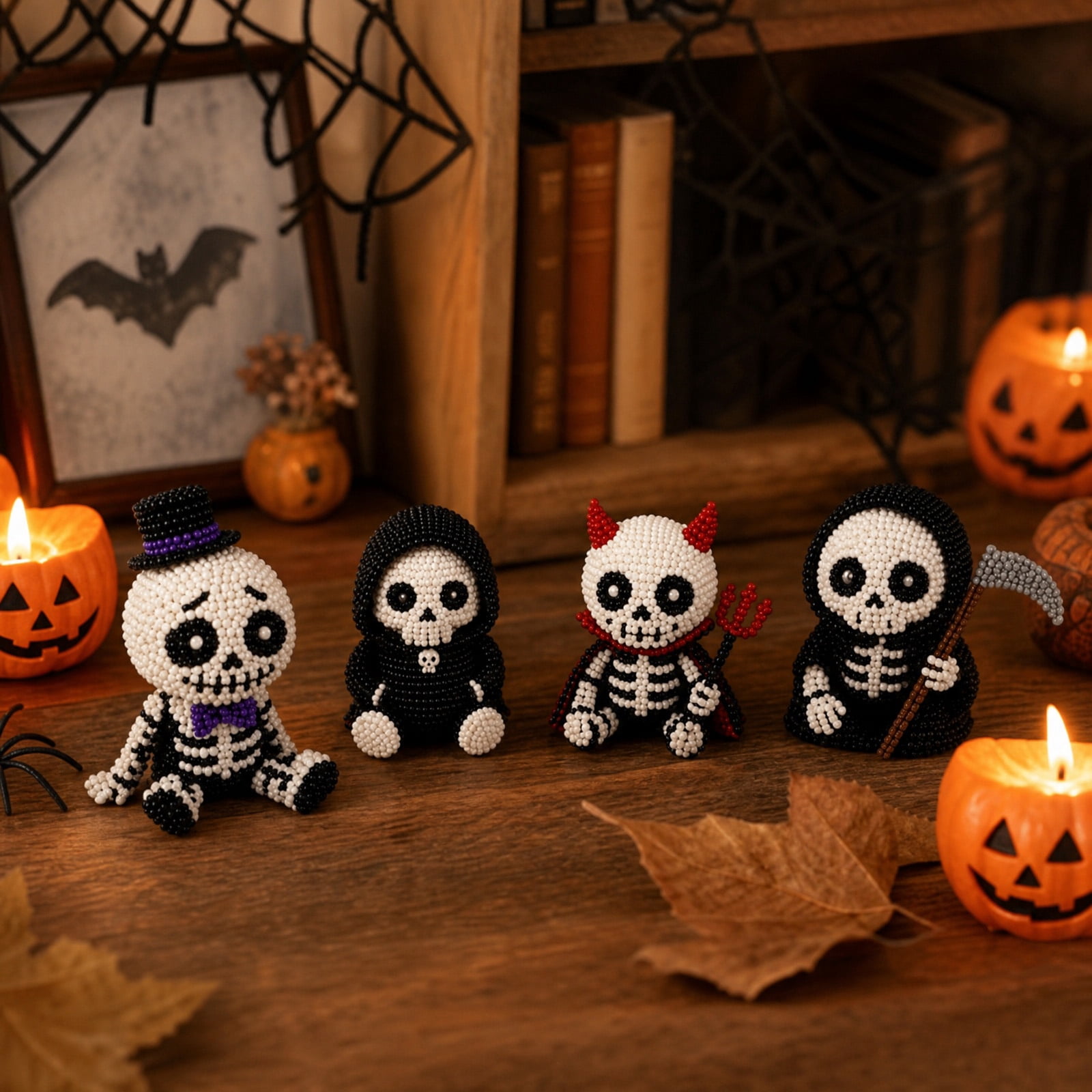 3D Beaded Skeleton DIY Kit, Cute Skeleton Bead Craft Set, Beginner Friendly Halloween Beading Set with Instruction, Handmade Skeleton Figurine Making Kit for Home Decor