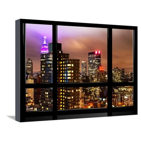 Nyc Hotel With Balcony Window View, Empire State Building and New Yorker Hotel Views by Night, Times Square, NYC Stretched Canvas Print Wall Art By Philippe Hugonnard ()