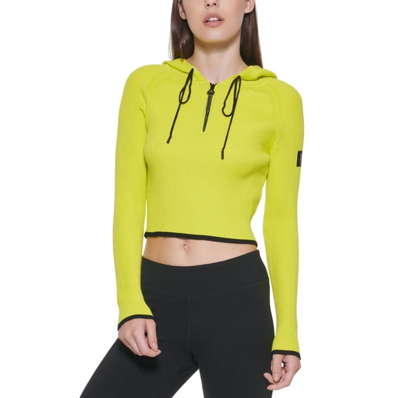DKNY Jeans Cropped Half Zip Hooded Sweater Acid Lime/Black L
