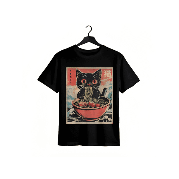 Playful Black Cat and Ramen anime Style Cotton T-Shirt Featuring Japanese Wave art