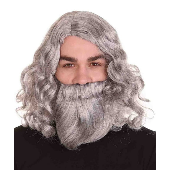 Men's Biblical Wig and Beard Grey Set - Gray Cosplay Halloween Wig - Breathable Capless Cap Synthetic Fiber Wig for Cosplay & Halloween