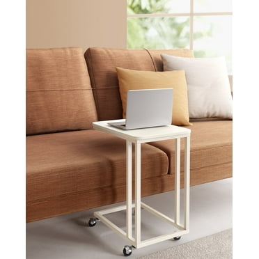 End Table C Shaped TV Tray with Metal Frame Rolling Casters for Coffee Laptop Mobile Tablet, Industrial Side Table for Living Room Bedroom Cream White
