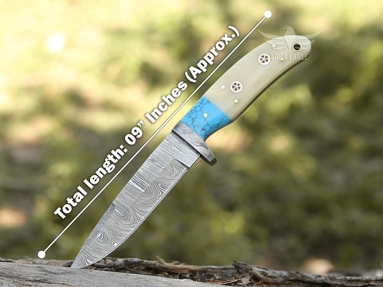 Handmade Damascus Steel Hunting Knife with Cowhide Leather Sheath – Turquoise & Camel Bone Handle - Ideal for Hunting, Camping, Outdoor – Gift for Husband, Father’s Day
