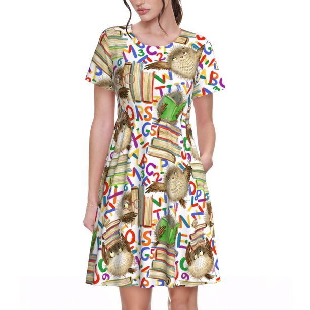Disketp Owl Back To School para Vestido de Manga Corta para Mujeres, Vestidos de Verano para Mujeres, Casual y Holgado para la Playa