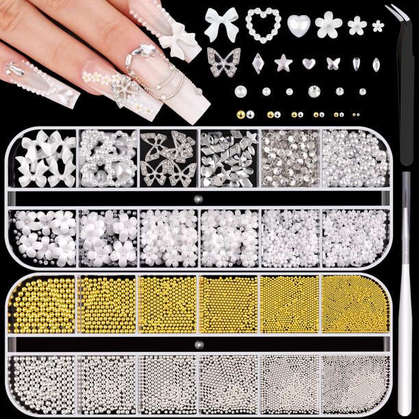 2 cajas de cuentas de metal para uñas (plata + oro) y flores 3D y diamantes de imitación de cristal para arte de uñas, perlas de parte trasera plana, cristales, perlas, dijes de uñas, lazos, corazón,