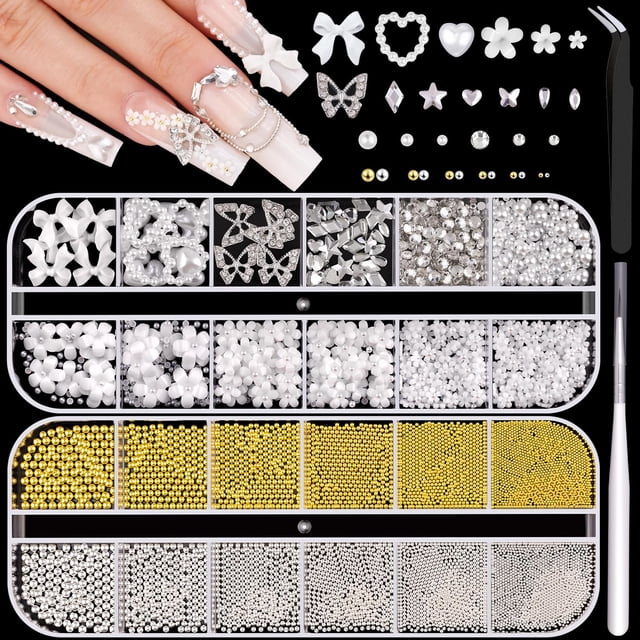 2 cajas de cuentas de metal para uñas (plata + oro) y flores 3D y diamantes de imitación de cristal para arte de uñas, perlas de parte trasera plana, cristales, perlas, dijes de uñas, lazos, corazón,