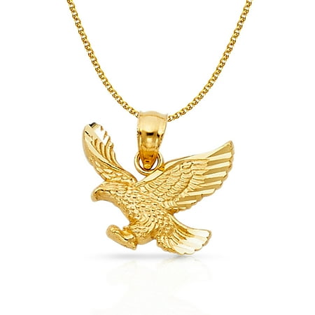 14k Yellow Gold Eagle Charm Pendant With 15mm Flat Open Wheat Chain Necklace 24