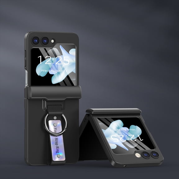 Compatible with Samsung Galaxy Z Flip 5 Case, with Hinge Protection & Ring & Hand-strap, Slim and Thin with Screen Protector Frosted Case Cover for Samsung Galaxy Z Flip 5 5G, Black