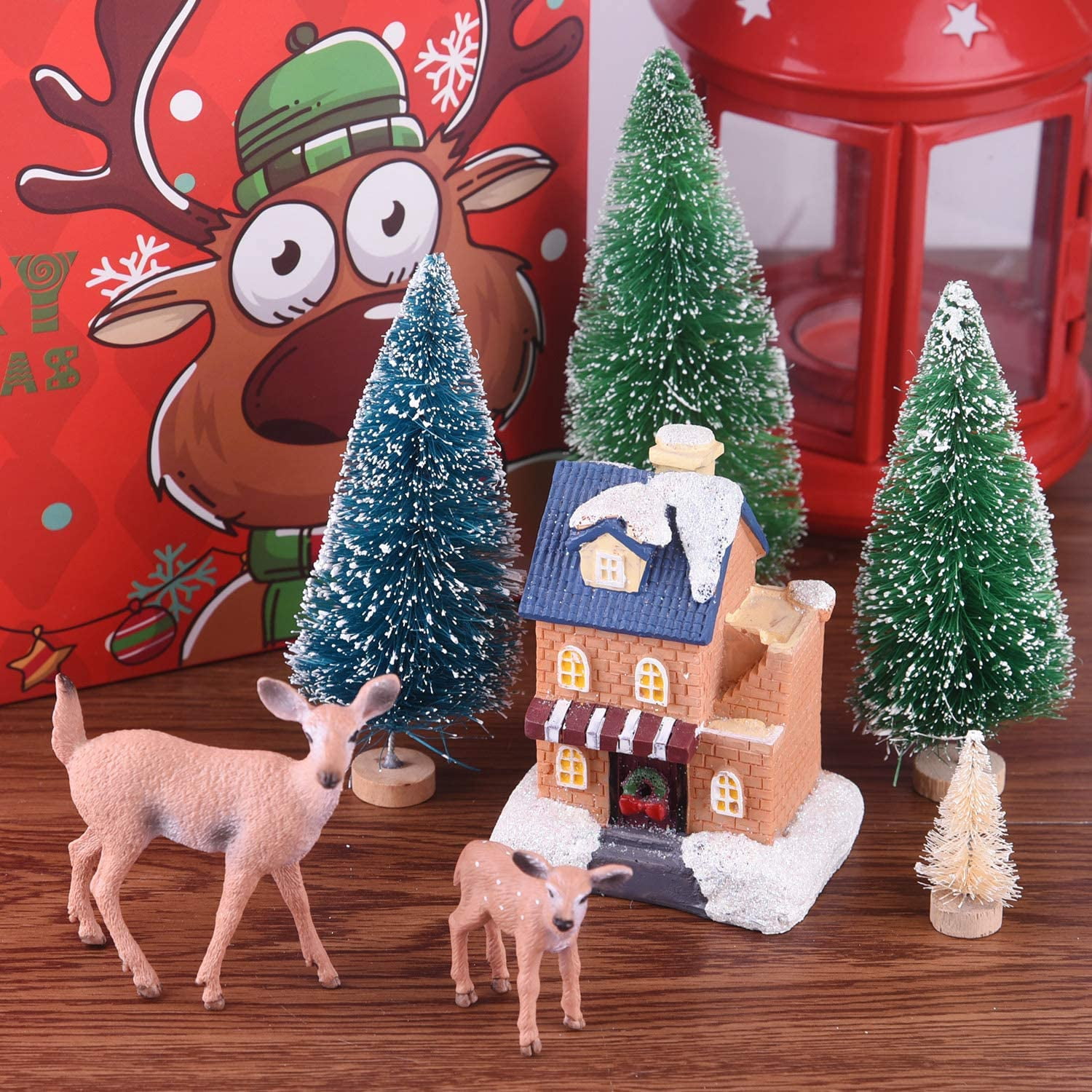 29 Pcs Mini Sisal Trees, Snow Frost Trees with Miniature Figures Woodland Animals Deer Fox, Table Top Crafts DIY Room Decor Mini Christmas Village Decoration, Small Size Trees