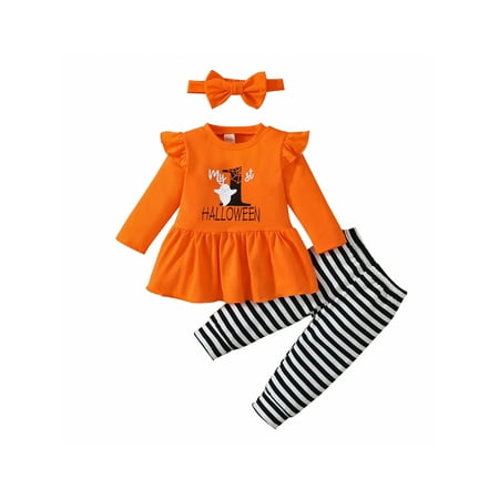 

CenturyX Kids Baby Girl My First Halloween Outfits Long Sleeve Tops Dress Striped Pants 3pcs Clothes Set Orange 0-3 Months