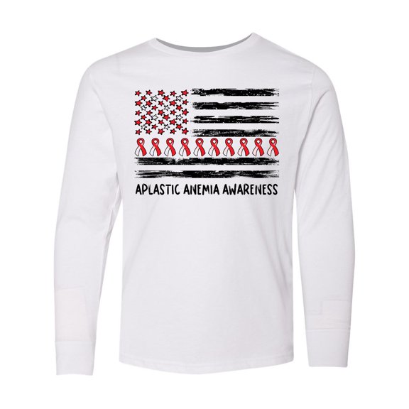 Inktastic Aplastic Anemia Awareness Red and White Ribbons and Flag Long Sleeve Youth T-Shirt