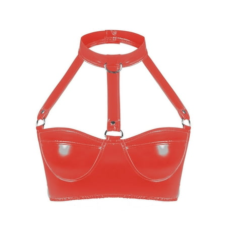 Women PU Leather PVC Bra Exotic Button Halter Latex Bralette Tops Novelty Costumes Nightwear Stage Bra