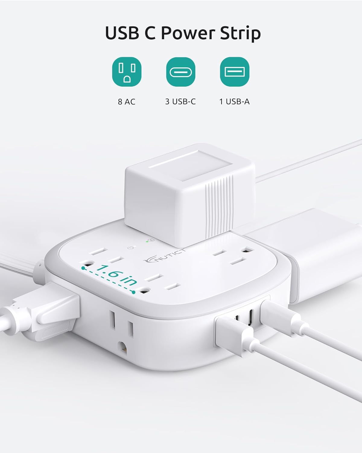 Outlet Cover Extension Cord Flat 6ft, Flat Plug Power Strip with 8 Outlets & 3 USB-C & 1 USB-A Port, 13A/1625W, 1440J Surge Protector, Indoor 3 Prong Flat Wall Plug for Tight Spaces, White