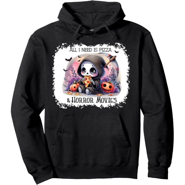 All I Need is Pizza and Horror Movies - Sudadera con capucha con diseño de esqueleto feliz