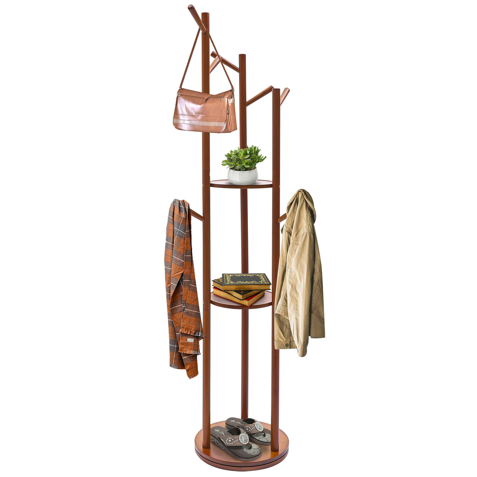 Oukaning Wood Clothes Hanger Rack with 8 Rack Free Standing Clothes