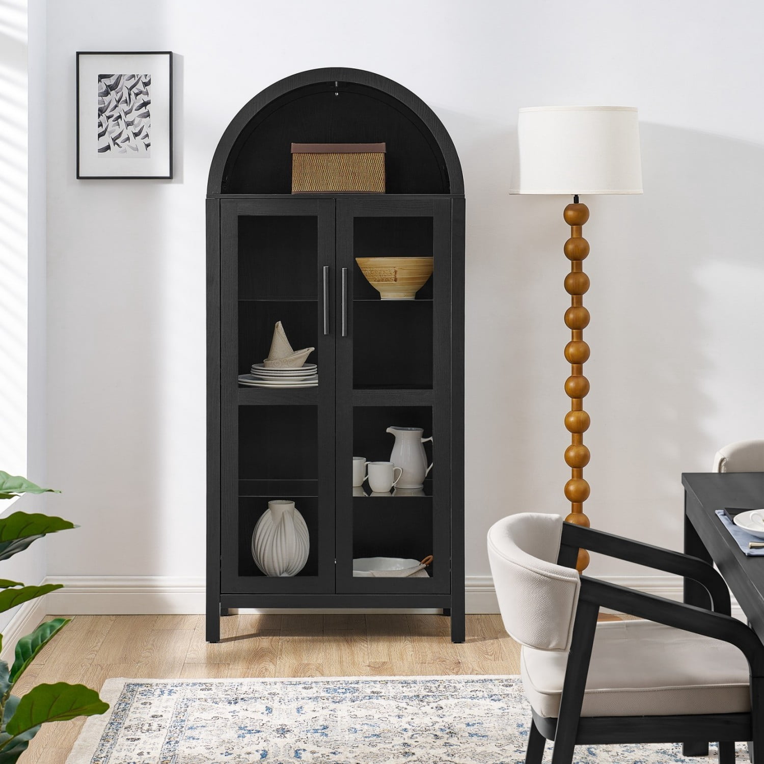 67" Tall Storage Cabinet with LED Light, Arched Top Display Cabinet with Adjustable Glass Shelves and Wooden Doors, Modern Freestanding Storage Cupboard for Kitchen Living Room, Black