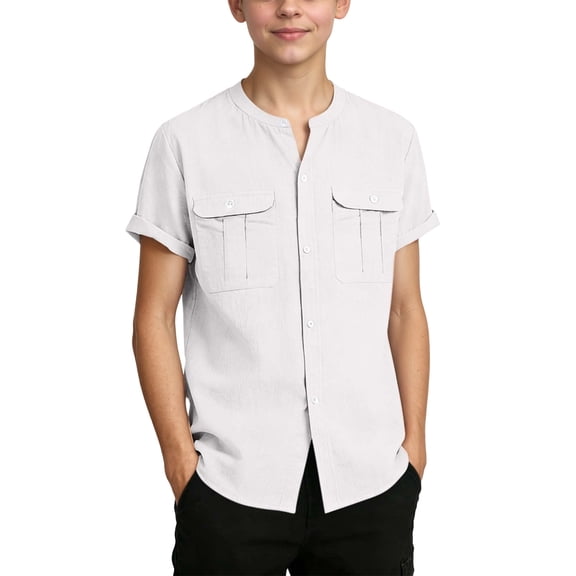 KHONTS Button down Shirts for Boys Short Sleeve Casual Summer Beach Dress Shirts Henley Collar Tee Tops,Size 5-15 Years White 170