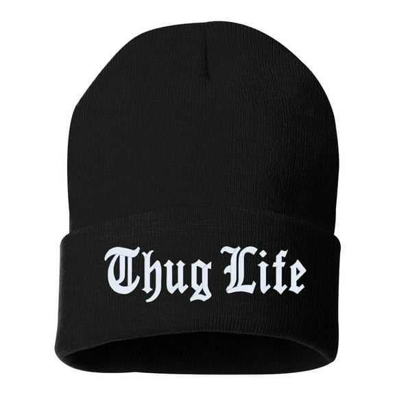 StickerDad® Thug Life Cuffed Embroidered Beanie Hat (Color: Brown w/White Thread) Embroidered, Winter Cuffed Beanie
