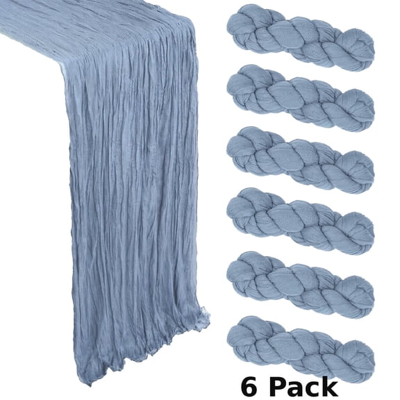 6 Pack 114 Inch Dusty Blue Wrinkle Cheesecloth Table Runner, Sheer Gauze Boho Table Runner, Soft Rustic Gauze Fabric Table Runner for Wedding Reception, Bridal Shower, Birthday Party Table Decor