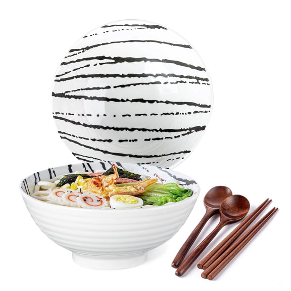 YUN TAO Ceramic Ramen Bowls Set of 2, 40 oz Large Japanese Style Serving Bowls for Salad,Udon, Soba, Pho,Pasta, Asian Soup Noodle with Spoons and Chopsticks (White)