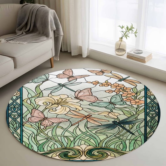 Round Rug 3.3Ft Washable Non-Slip, Animal Flowers Circle Area Rugs for Living Room Bedroom, Vintage Butterflies Dragonfly Floral Indoor Floor Mats Carpet Runner for Home Decor Aesthetic