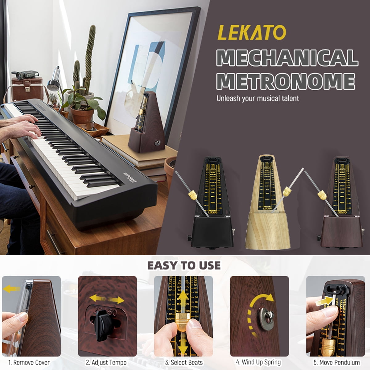LEKATO Mechanical Metronome Universal Metronome for Piano Guitar Ukulele Violin with Loud Sound Accurate Track Beat Tempo for Beginner