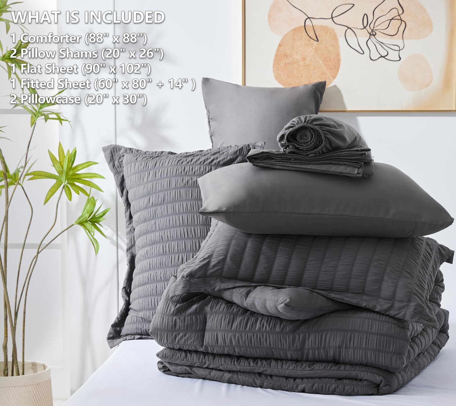 JUSTLET Queen Seersucker Comforter Set with Sheets Dark Grey Bed in a Bag 7-Pieces All Season Bedding Sets with Comforter, Pillow Sham, Flat Sheet, Fitted Sheet, Pillowcase