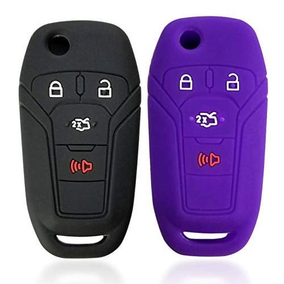 2pcs Dobrev Silicone 4 Buttons Smart Key Case Cover Skin Fob Holder for Ford Fusion Ford F-Series F-150 Flip Keyless Entry Remote Key (Black and Purple)