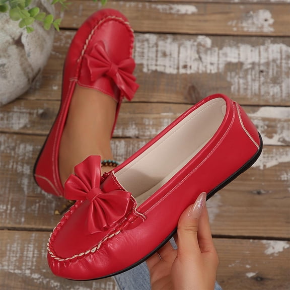 WAVSUF Women's Ballet Flats, Soft Sole Versatile Bow Slip On Comfort Shoes for Work Office Red 9
