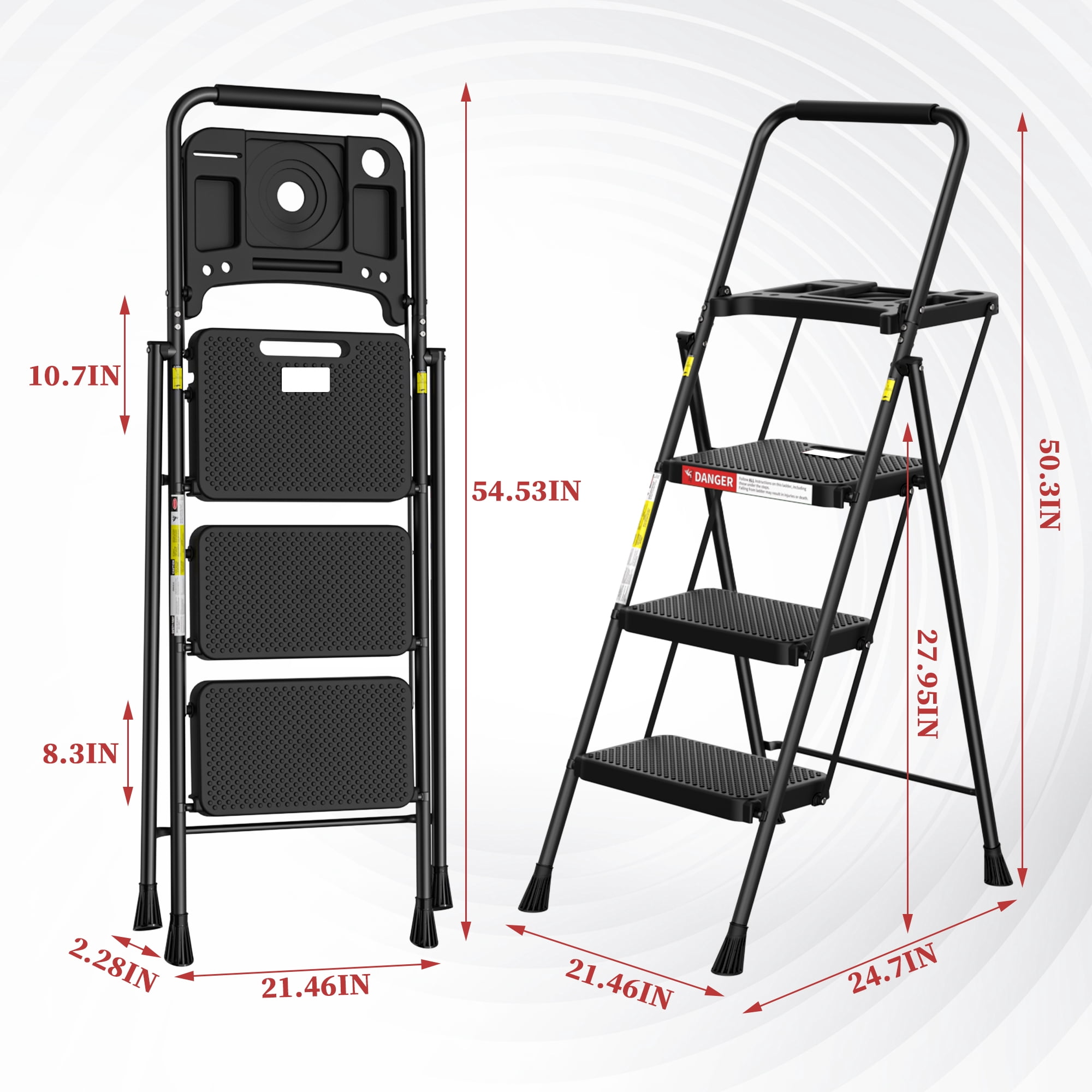 LevLad 3 Step Ladder with Tool Tray, 3 Step Stool with Safety Lock, Non-Skid Wide Steps, Household Folding Ladder for Home, Garden, Painting, Outdoor, Garage, Black