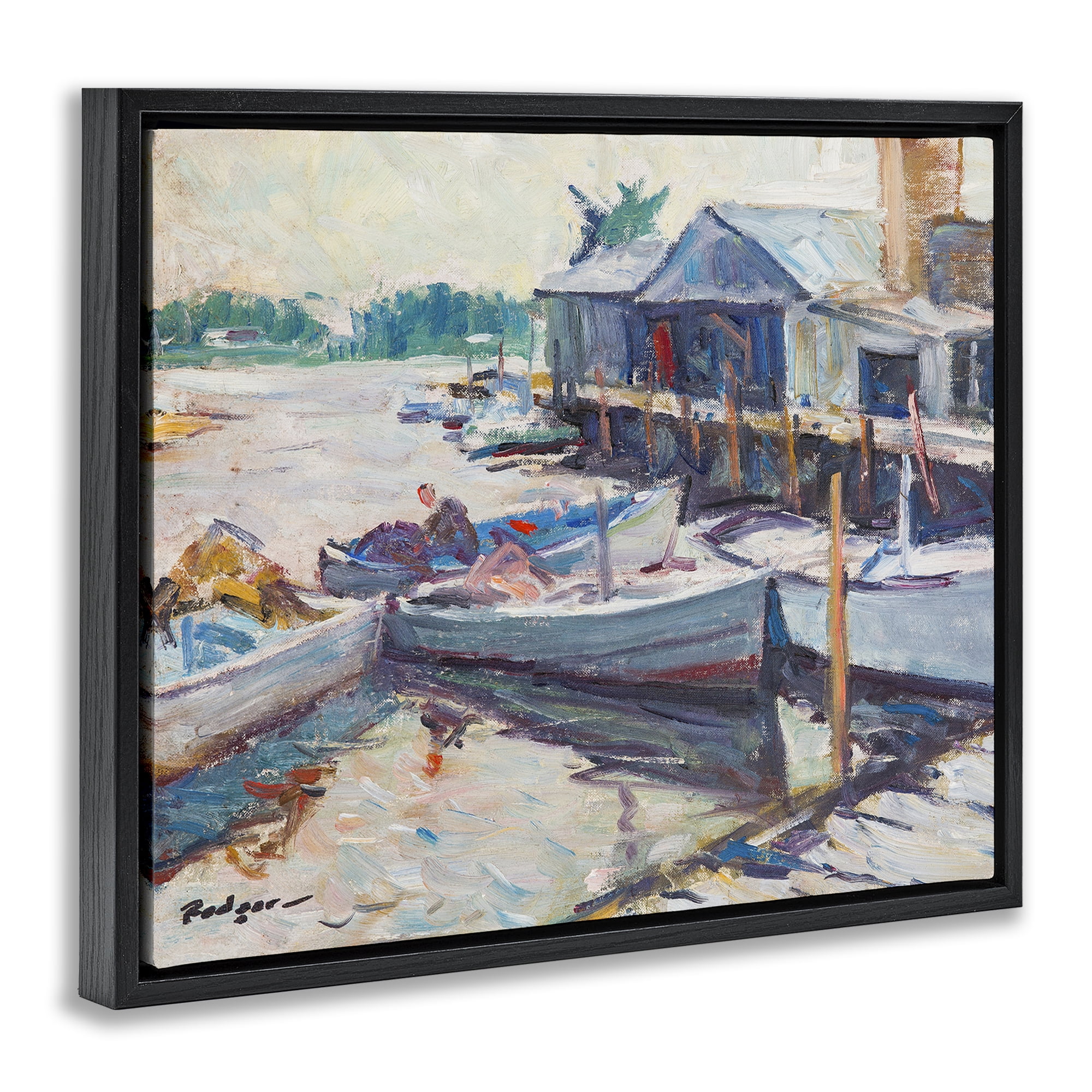 Stupell Industries Scenic Boat Marina Landscape & Nature Painting Black Floater Framed Canvas Art Print Wall Art, 21 x 17