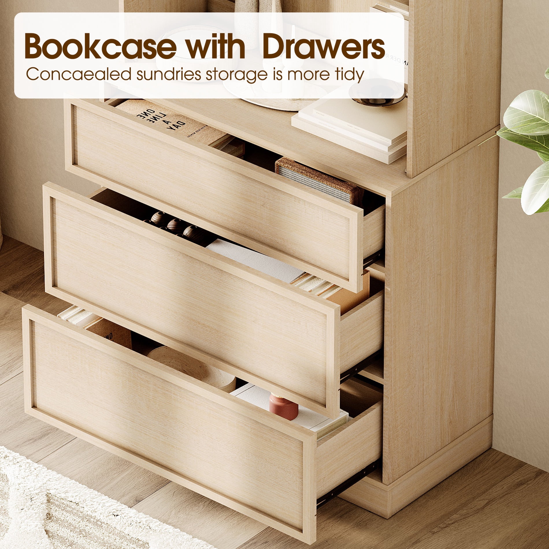 Modern 72" Tall 63" Wide Wood Sideboard Buffet with 6 Drawers & Open Shelves for Dining Kitchen,Beige