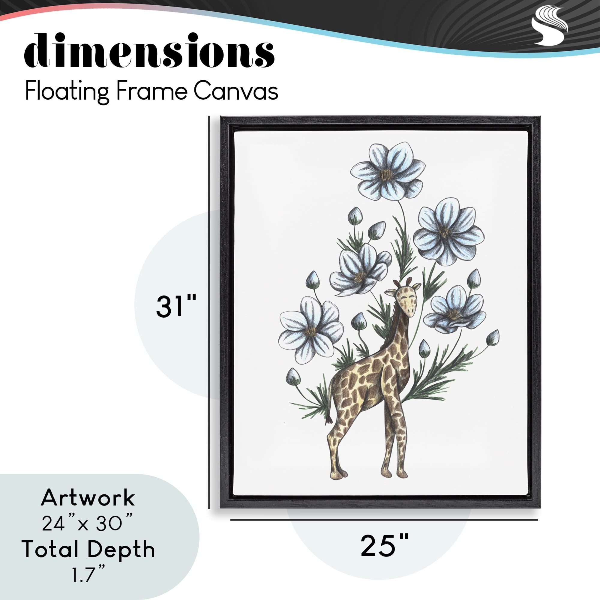 Giraffe with Flower Blossoms Black Framed Floater Canvas Wall Art, design by Cecilia Battaini