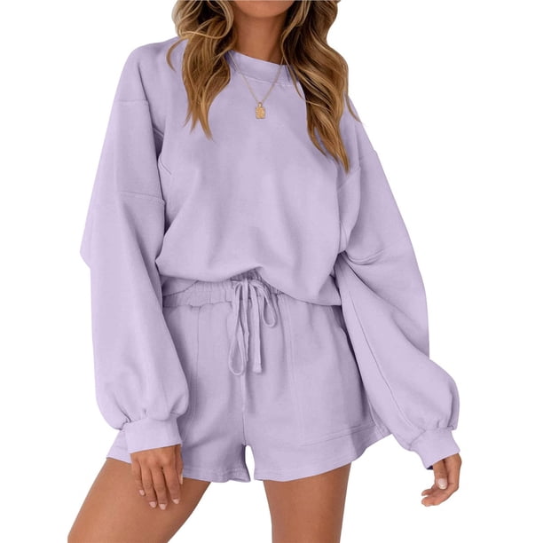 Conjuntos de Dos Piezas para Mujer, Otoño 2025, con Mangas Murciélago Extragrandes, Top y Pantalones Cortos Informales, Chándal. Púrpura S