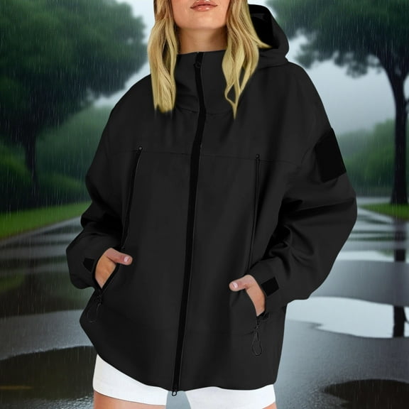 Ovbmpzd Plus Size Rain Jacket For Women Waterproof Zip Up Hooded Black Long Sleeve Hiking Nylon Windbreaker Womens Fall Jackets 2025 L