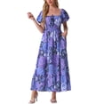 thumbnail image 2 of INSPIRAR CHIC Vestido Maxi Boho de Manga Corta con Escote Corazón Floral para Mujeres M Azul Púrpura, 2 of 6