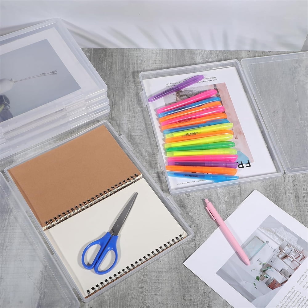 Heyingu 4Pcs Plastic File Storage Box 8X10 Inches Clear Scrapbook Paper Storag with Snap-Tight Latch Photo Organizer for Protecting Photos Crafts Office Supplies