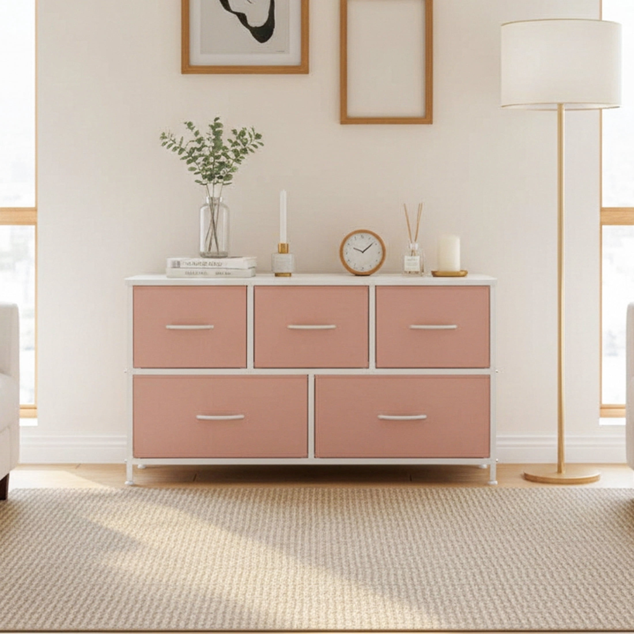 CONCETTA Dresser 5 Fabric Storage Drawer Dresser, TV Stand, Chest of Drawers for Bedroom, Closet, Entryway, Living Room, Pink