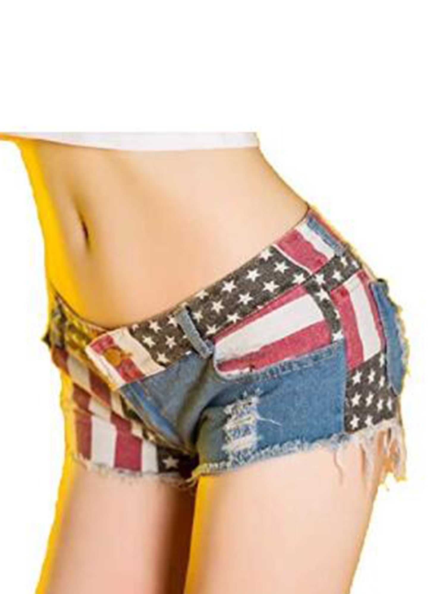 Women Girl US Flag Star Stripes Mini Jeans Shorts Pants Trousers Denim Low Waist